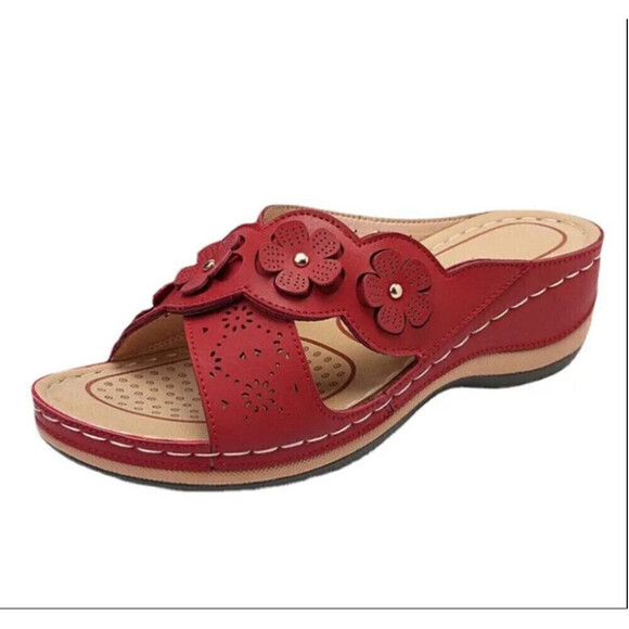 Floral Casual Wedge Sandals In Red - Picture 3 of 5